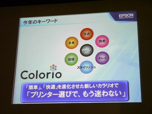 <b>カラリオのロゴ。今年のキーワードは「プリンター選びで、もう迷わない」</b>