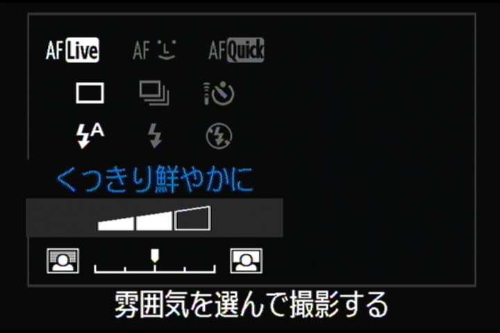 <b>得られる画像の方針を指定する「雰囲気を選んで撮影する」と、シーンに合わせてホワイトバランスを設定できる「明かりや状況に合わせて撮影する」からなる「表現セレクト」機能は、ライブビュー時にクイック設定ボタンを押すと利用できる。効果を確認しながら設定可能</b>