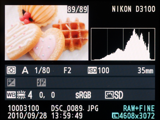 <b>統合表示での再生画面。ほかにRGBヒストグラムやハイライト表示、詳細なデータが見られる撮影情報表示に切り替えられる</b>