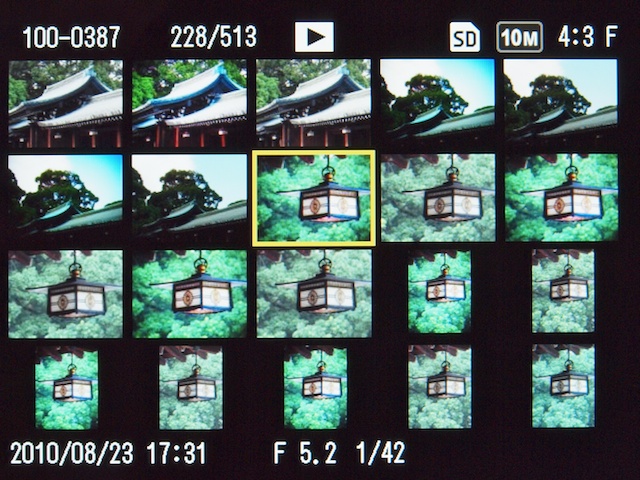 <b>再生時にDISP.ボタンを押すごとに、各種の撮影データの表示の有無や内容が切り替わる。右は最も詳しい「ヒストグラムと詳細情報表示」で、クリエイティブ撮影モードでの詳細な設定もチェックすることができる。ズームレバーを左側に操作していくと「20分割」、「81分割」、「日付表示」と切り替わる</b>