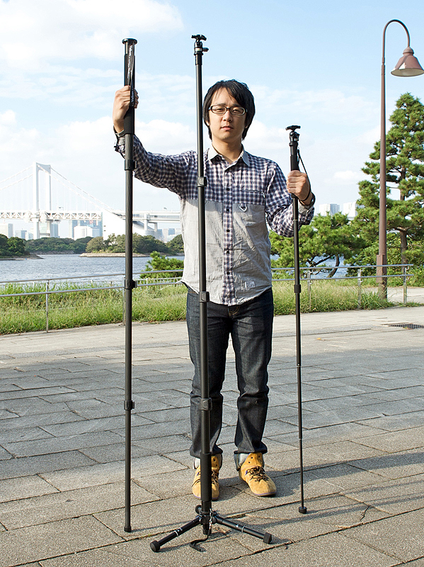 <b>今回試用した一脚はいずれもベルボン製。左から「ジオポッドE64」、「ポールポッド」、「ウルトラスティックM53」</b>