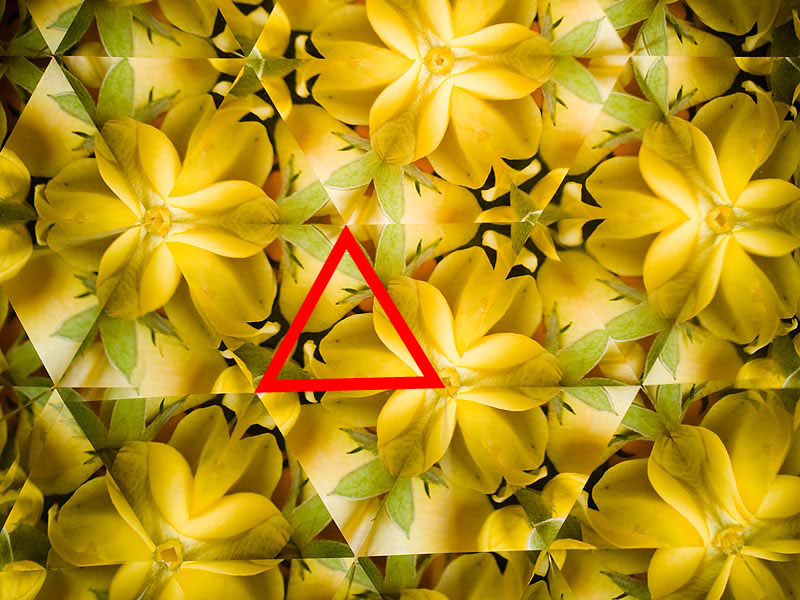 <b>スリーミラーシステムで撮影した画像。赤い三角形の部分が基準となり、次々に反射を繰り返す</b>