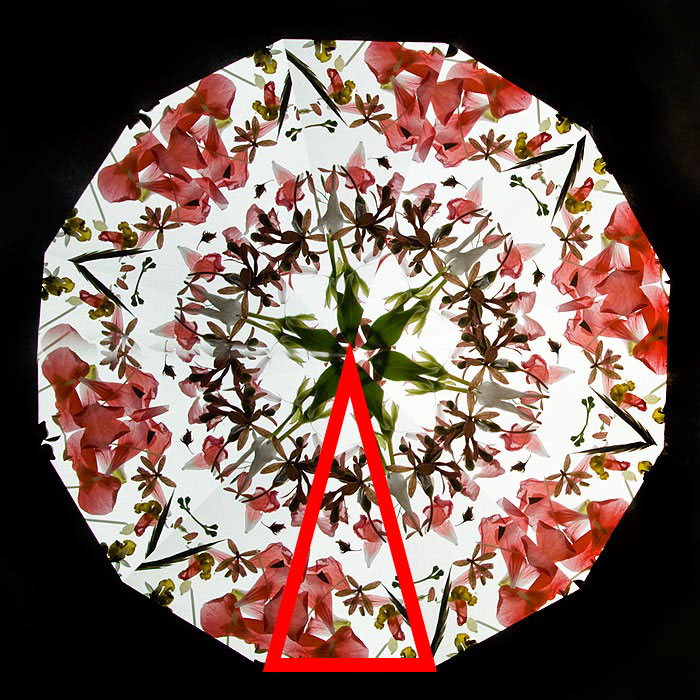 <b>ツーミラーシステムで撮影した画像。赤い二等辺三角形の部分が、円の中心を軸として、ぐるっと一回転反射している</b>