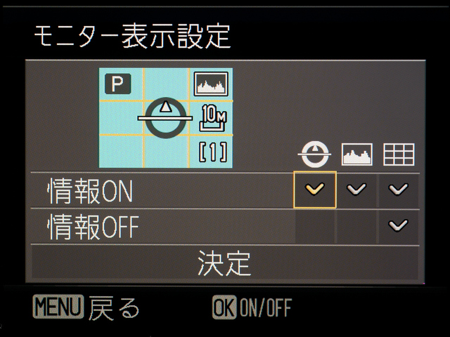 <b>セットアップメニューの「モニター設定」の中の「モニター表示設定」。画面に表示する項目をここで選択できるようになっている</b>