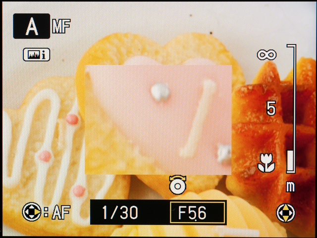 <b>こちらはMF時の画面。中央部だけだが部分拡大表示があるのでそこそこ使い物になる。距離目盛がおおざっぱすぎるのは物足りないけど</b>