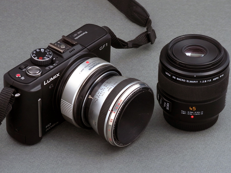 <b>「LUMIX DMC-GF1」に装着したのは「Kilfit-Macro-Kilar D 1:2.8/4cm」。現代に繋がるマクロレンズの元祖のような存在で、1958年にキルフィット社から発売された。右に置かれたのは、マイクロフォーサーズ規格の「LEICA DG MACRO-ELMARIT 45mm F2.8 ASPH. MEGA O.I.S.」。パナソニックから2009年に発売された最新版マクロレンズだ。今回はこの新旧のマクロレンズを撮りくらべてみた。</b>