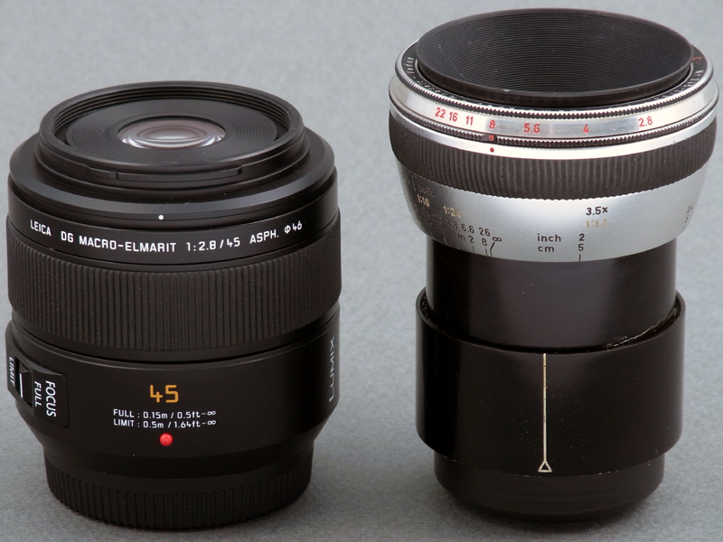 <b>LEICA DG MACRO-ELMARIT 45mm F2.8 ASPH. MEGA O.I.S.の最大撮影倍率は1:1（等倍）。インナーフォーカスを採用しているので、最大倍率撮影時もレンズ全長は変わらない。Kilfit-Macro-Kilar D 1:2.8/4cmの最大撮影倍率は等倍よりちょっと低い1:1.1倍。ピントリングをぐるぐる回すと、2段式のヘリコイドが倍近くまで伸びる。35mm一眼レフ黎明期の1950年代、このギミックは画期的だったに違いない</b>
