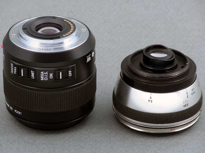 <b>レンズ後部も比較してみた。LEICA DG MACRO-ELMARIT 45mm F2.8 ASPH. MEGA O.I.S.は、AFや絞り制御用などの電子接点を装備。Kilfit-Macro-Kilar D 1:2.8/4cmの後部はレンズが突出し、さらに一眼レフカメラのミラーの干渉を避けるための切り欠きがある。しかし無限遠時はミラーが当たって撮影できない機種もある。マウントはM42規格のねじ込み式で、絞りなどの連動機構は一切ない</b>
