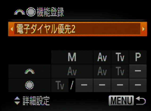 <b>電子ダイヤルとコントローラーホイールの機能を登録できる。「―」部分には、WB補正、i-コントラスト、アスペクト比などの機能を割り当てられる</b>