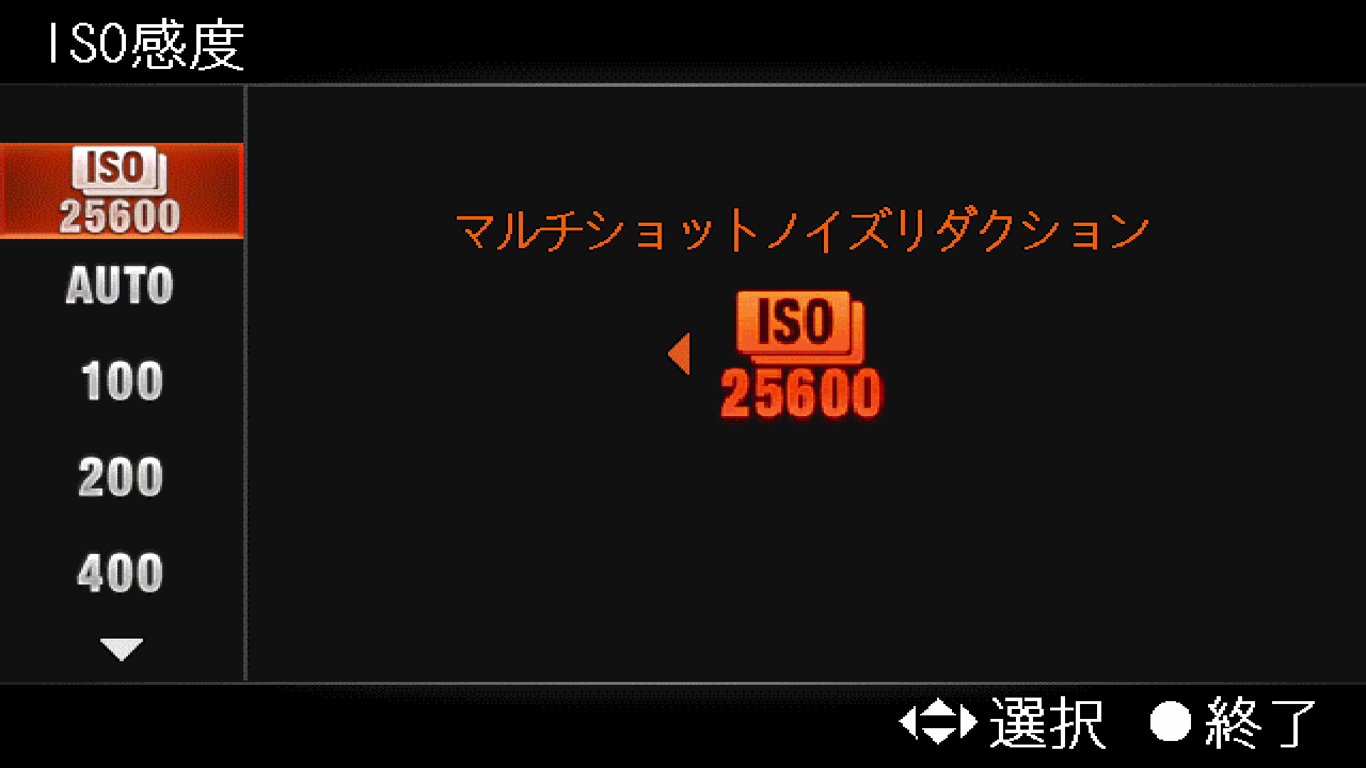 <b>マルチショットNR時の最高感度はISO25600。高感度になるほどノイズ低減効果が大きくなる</b>