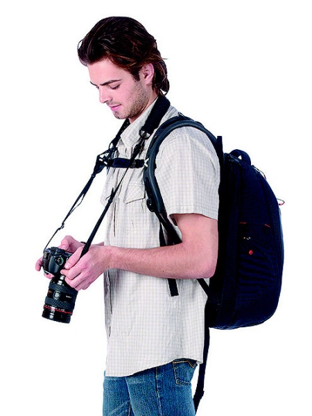 <b>ハーネスにカメラストラップを装着したところ</b>