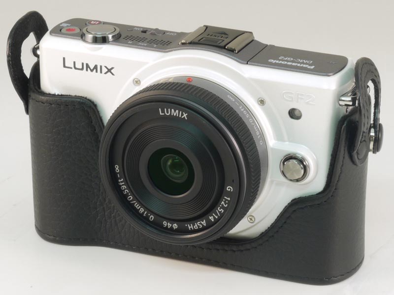 <b>LUMIX DMC-GF2とパナソニック製本革ボディケースDMW-CGB2の組み合わせ例。左がホワイト、右がブラックの本革ボディケース</b>