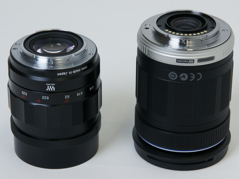 <b>右は「M.ZUIKO DIGITAL ED 14-150mm F4-5.6」。NOKTON 25mm F0.95は電子接点を持たないマニュアルレンズだ</b>