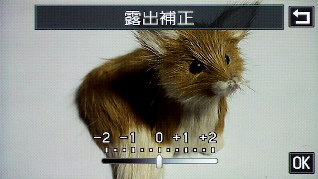 <b>露出補正画面。筆者の指には少々スライダーが小さすぎ、操作に若干手間取った。「+」「-」のボタンも左右にあったほうが操作しやすいだろう</b>