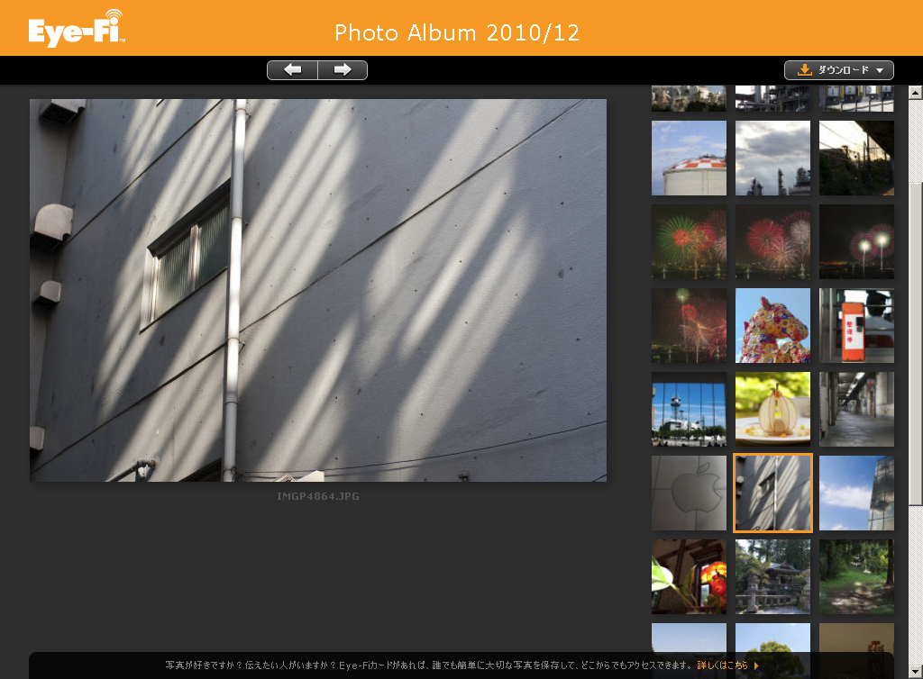 <b>ダウンロードページにアクセスしたところ。選択画像もしくは全画像の一括ダウンロードのみ行なえる</b>