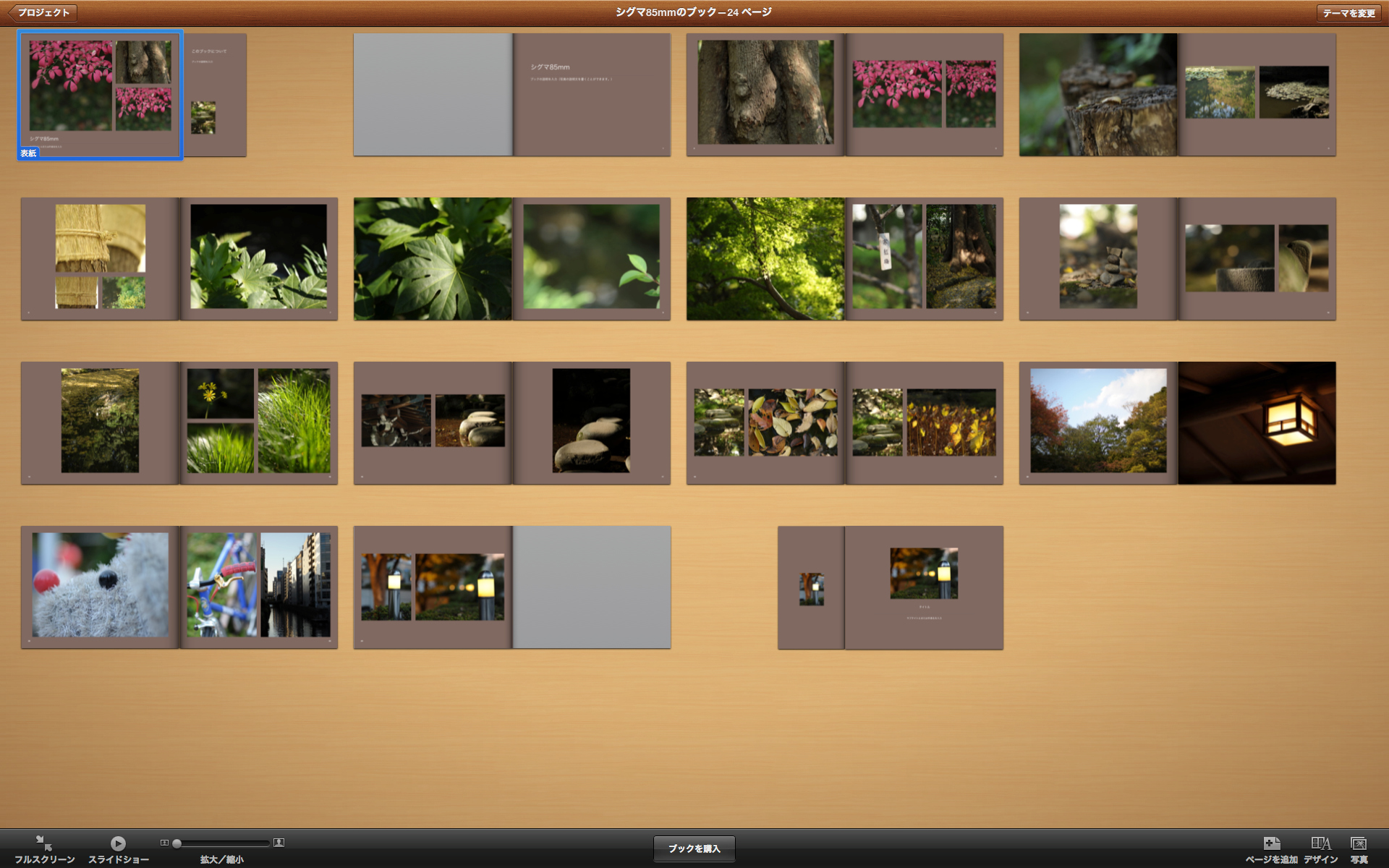 <b>「ブック」の中身。「iPhoto」が自動で並べてくれた順番を変えたりも自由。見開きでドーンと見せることもできる</b>