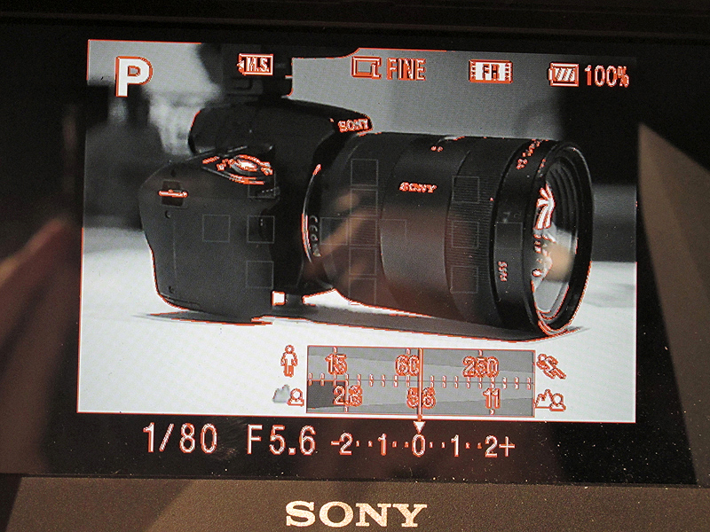 <b>ピーキング機能をONにしたところ。ピントの合っている部分が赤くなっているのがわかる。画面の文字などもピントが合っている部分と判断するためピーキングが出る</b>