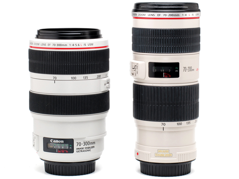 <b>EF 70-200mm F4 L IS USMとの大きさ比較。EF 70-300mm F4-5.6 L IS USMのほうが収納時の全長は短いが、径は太め</b>