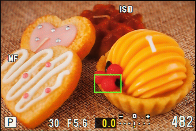 <b>虫メガネのアイコンの拡大ボタンを押すと表示される拡大枠。この部分にピントを合わせる「拡大枠AF」もある</b>