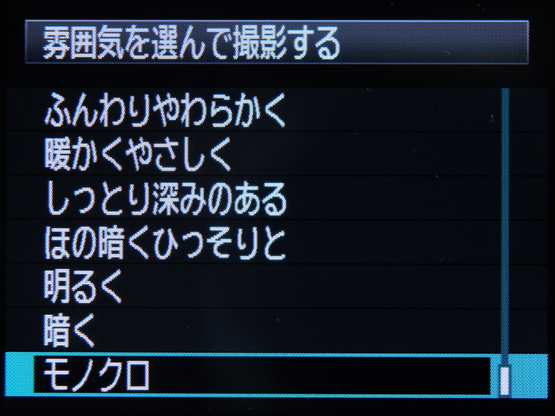 <b>「雰囲気を選んで撮影する」のメニュー。モードや設定によって選べる項目数は変わる</b>