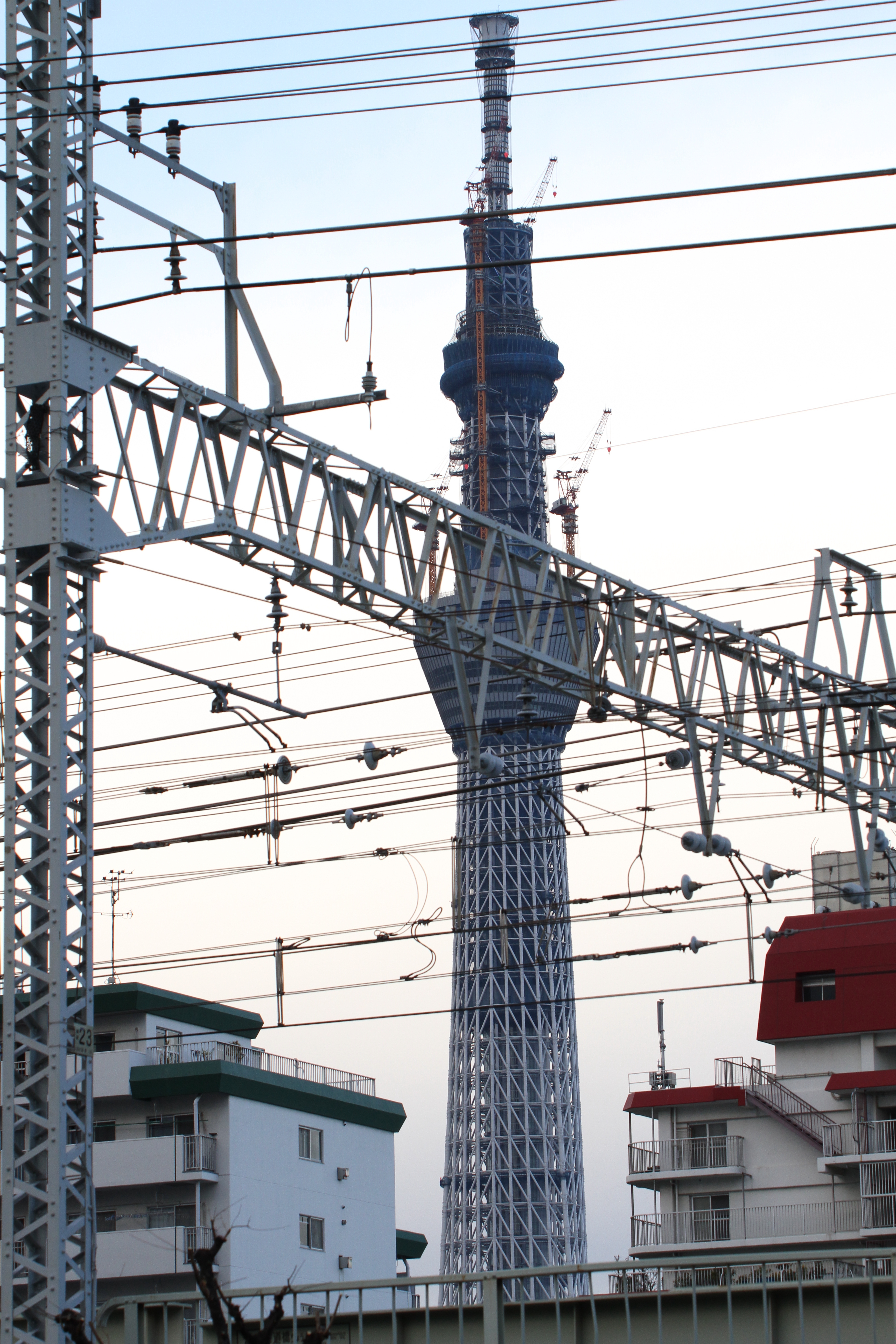 <b>鉄の構造物というイメージでの撮影。100mm程度の焦点距離でやや遠近感をなくし、東京スカイツリーと架線柱が重なる位置で撮影した。EOS 7D / APO 50-500mm F4.5-6.3 DG OS HSM / 3,456×5,184 / 1/250秒 / F7 / +1.7EV / ISO400 / プログラム / WB:オート / 93mm / 15:58</b>