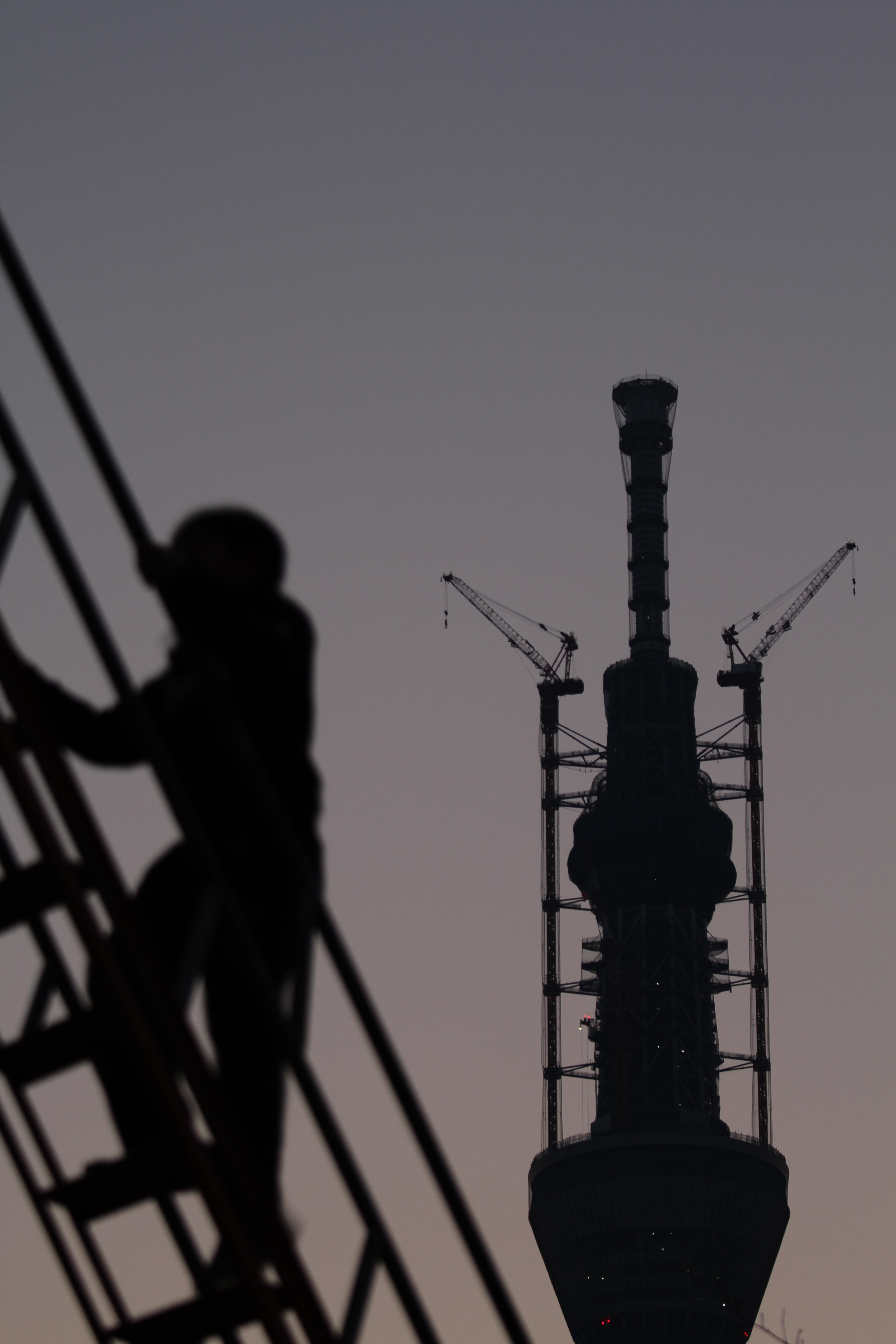 <b>東京スカイツリーから少し離れた住宅地の公園。陽が沈んだ直後、滑り台の階段を上る子供とツリーのシルエットを狙った。広めの公園の中心に大きな滑り台が位置し、これを生かして撮影しようといろいろな角度から狙ってみたなかの1枚。EOS 7D / EF 70-200mm F4 L IS USM / 3,456×5,184 / 1/25秒 / F4 / -0.7EV / ISO100 / プログラム / WB:オート / 85mm / 17:22</b>
