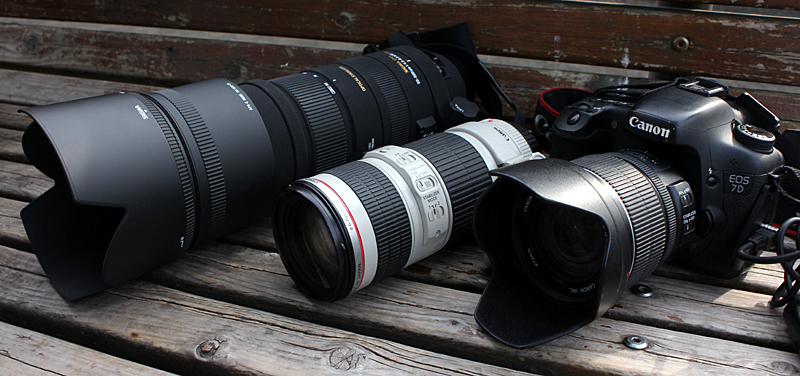 <b>今回はキヤノン「EOS 7D」で撮影した。使用レンズは、右からキヤノン「EF-S 15-85mm F3.5-5.6 IS USM」、「EF 70-200mm F4 L IS USM」、シグマ「APO 50-500mm F4.5-6.3 DG OS HSM」。（最後の作例のみ「EOS 60D」を使用）</b>