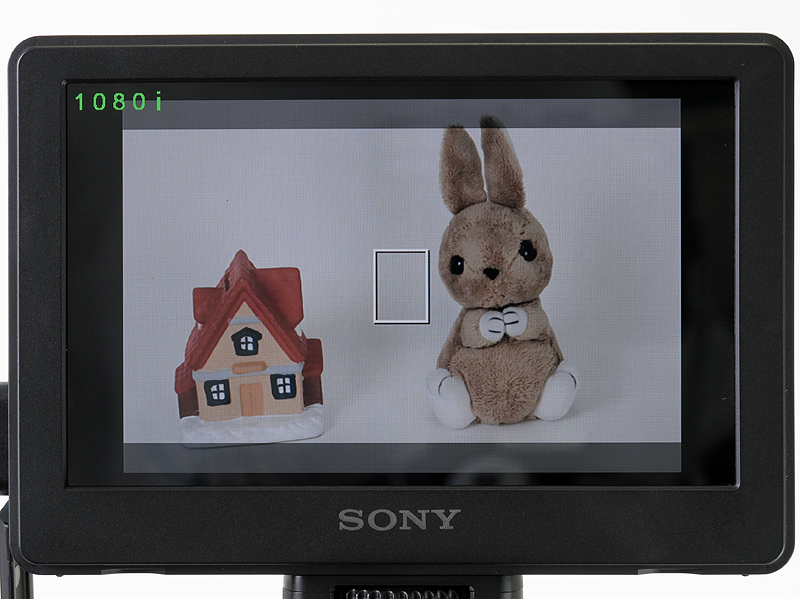 <b>カメラの「INFO」ボタンを数回押して情報表示をなくすと大きく映るが、上下の黒帯が消えない。左上の「1080i」はCLM-V55にある入力切替え時の表示機能</b>