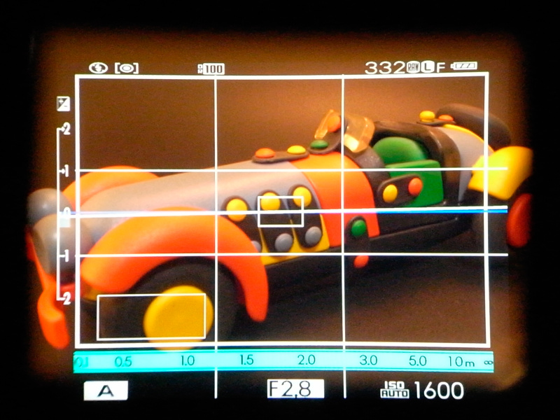 <b>OVFカスタム表示<br>OVFをカスタム表示に切り換えたところ。グリッドや電子水準器など、表示内容は液晶メニューでカスタマイズできる</b>