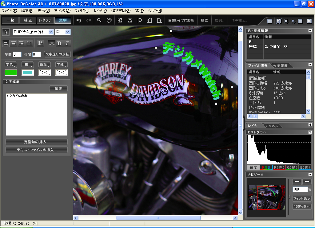<b>「文字」のセクション。文字列を曲線に沿って配置したり陰をつけるといった装飾が可能</b>