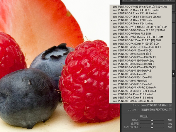 <b>レンズプロファイルを選択したところ</b>