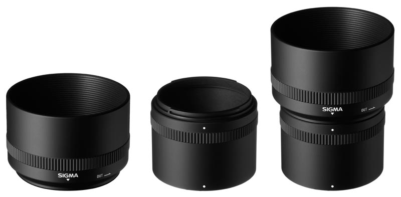 <b>左からレンズフード（LH780-03）、フードアダプター（LH780-03）、フードアダプター装着時のレンズフード</b>