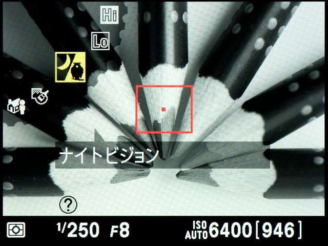 <b>【D5100】モノクロになるが、最高ISO102,400相当の超高感度撮影が可能となる「ナイトビジョン」</b>