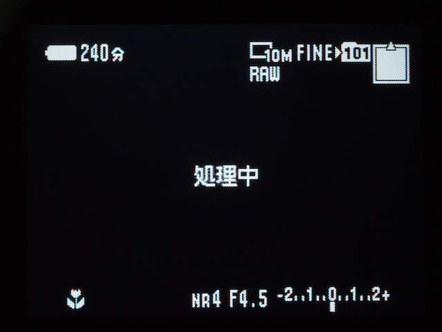 <b>レリーズ直後に表示される「処理中」の文字。RAWモードや特殊効果などを設定せずとも、ごくフツーに表示される。このあたりにも、少し古さを感じるナァ</b>