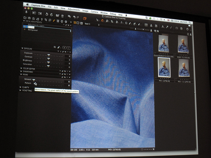 <b>P45+で撮影した布を拡大したところ。モアレが発生している</b>