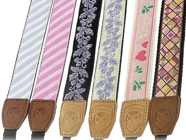 <b>カメラ用カラフル柄ストラップ。左からブルー、ピンク、ブラック、アイボリー、ハート、スクエア</b>