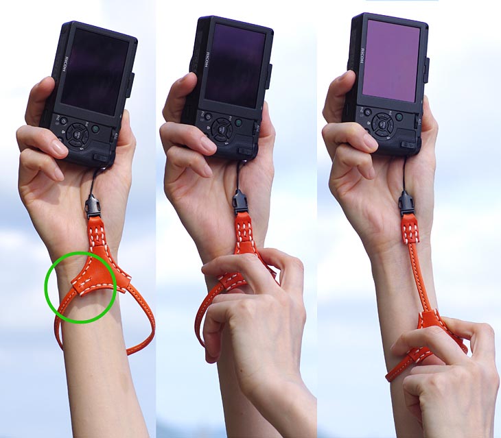 <b>SPUTNIK2の装着方法。縫い目が左に来るように手首に通す。カメラを持ち、三角のパーツを引っ張るとループが絞まる</b>