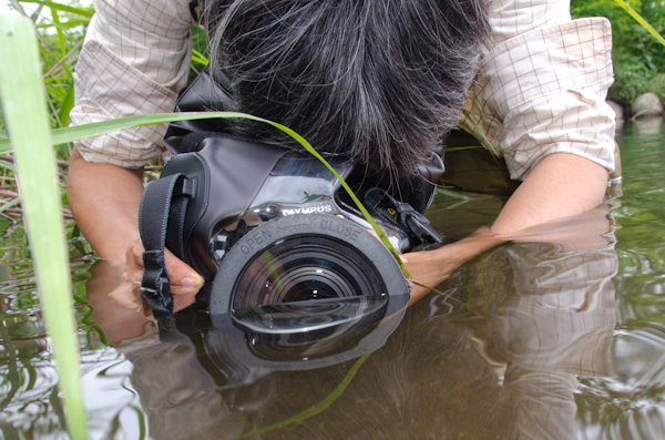 <b>半分水中に沈めたE-5に装着したズームレンズのワイド側（24㎜相当）で淡々とシャッターを切っていき、撮影完了</b>