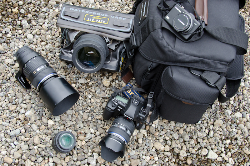 <b>この日のトンボ機材。オリンパスE-5とZUIKO DIGITAL ED 50-200mm F2.8-3.5 SWDをメインに、ZUIKO DIGITAL ED 12-60mm F2.8-4 SWD、ZUIKO DIGITAL ED 50mm F2 Macroなどの交換レンズ。カメラバッグの上はF1.8の明るいレンズを搭載しているコンパクト機のXZ-1。水中撮影用のハウジングもこの日の撮影機材の主役のひとつ</b>