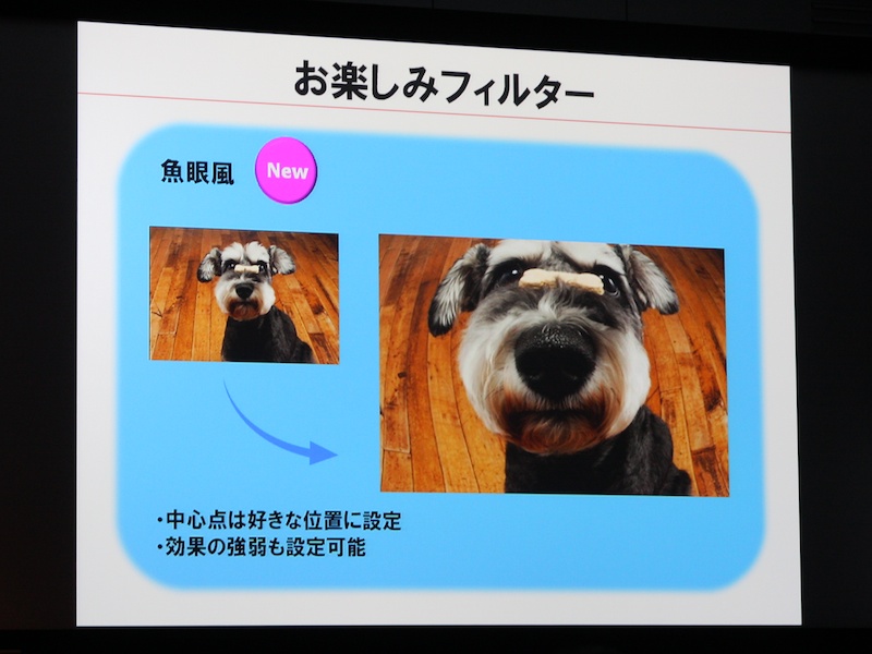 <b>添付ソフトによる「お楽しみフィルター」も搭載。プリントに「魚眼風」などの効果を施せる</b>