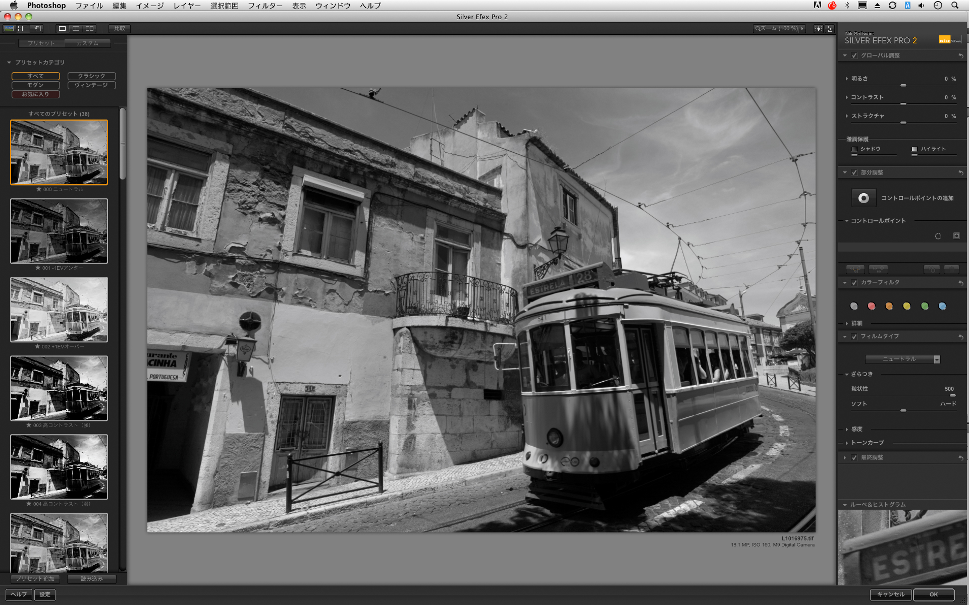 <b>ここではAdobe Photoshop CS5から起動した。元は16bit TIFFのカラー画像。もちろんJPEGでも処理が行なえる。旧Silver Efex Proと同様、起動すると画面はすでにモノクロ化されている。画面左はビジュアルプリセット、右がツールだ。この先は、ビジュアルプリセットは隠して作業を行なう</b>