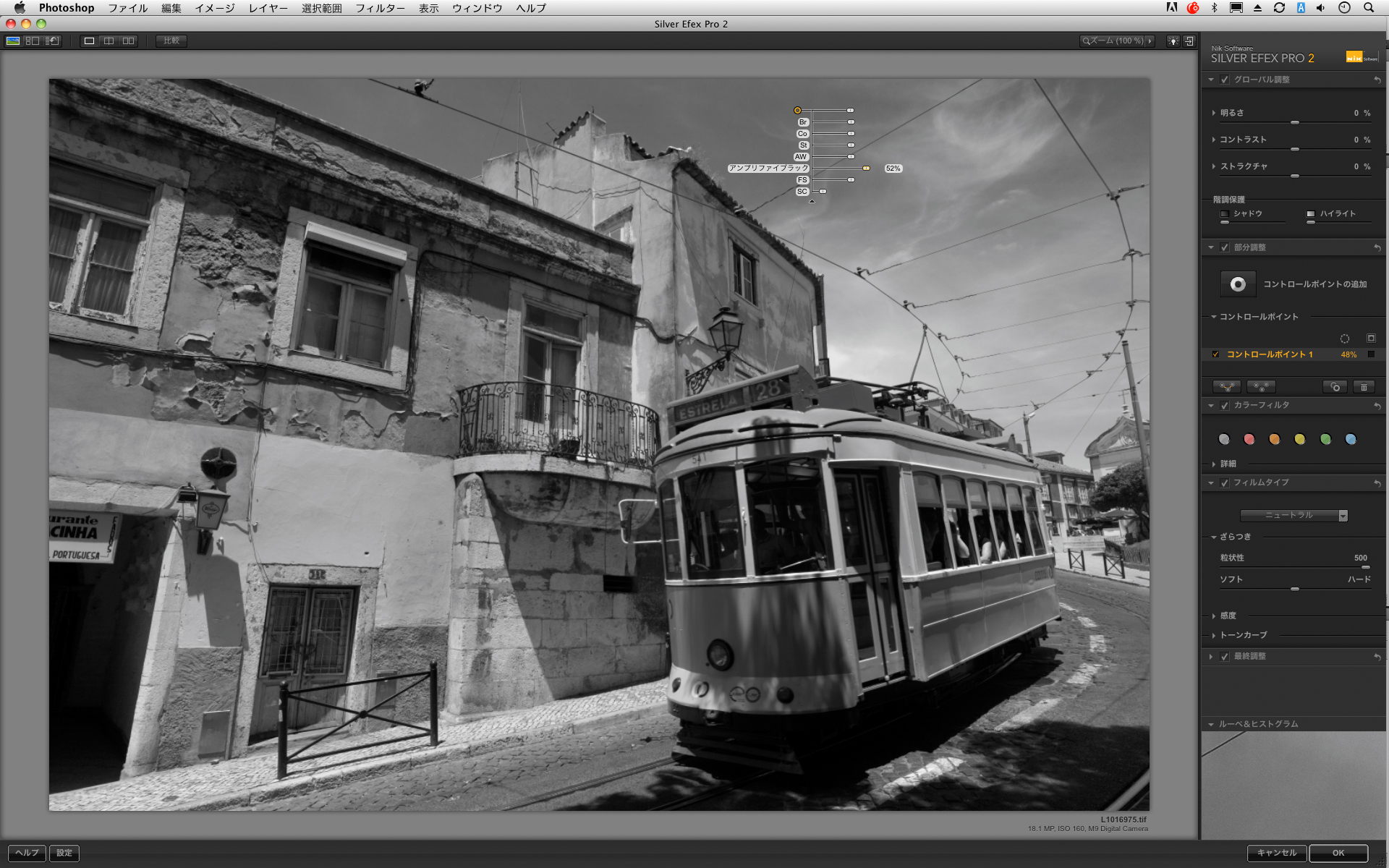 <b>アンプリファイホワイトやアンプリファイブラックは、コントロールポイントで部分的に調整することも可能。筆者は、主に空のトーンを調整するのに使っている。これは青空の部分だけアンプリファイブラックを50％にした</b>