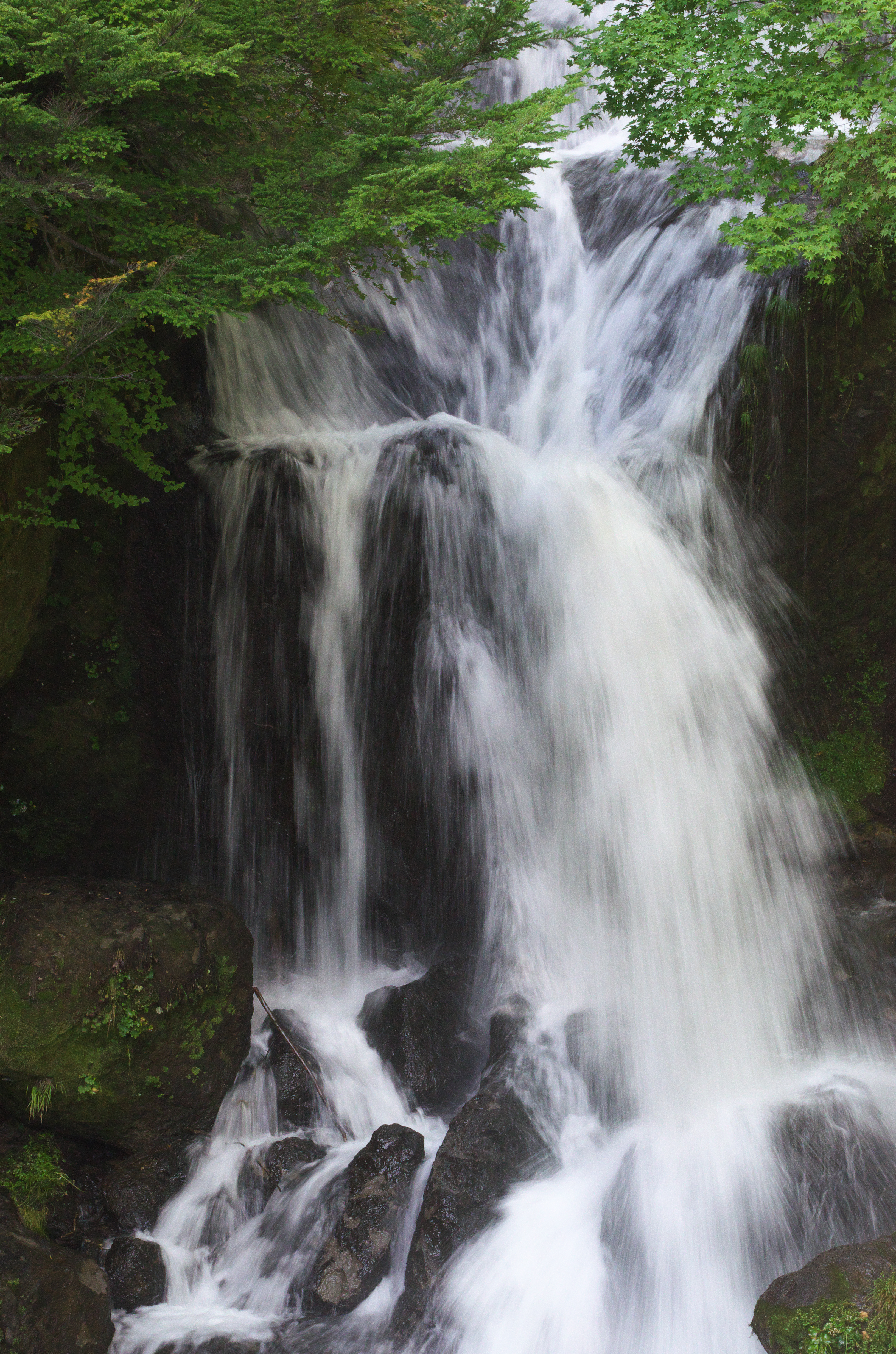<b>1秒（左）では完全に水の流れがぶれ、全体的に滑らかな水の流れだ。1/4秒（中央）では1秒よりも周囲の水しぶきのボリュームが少なく写ってしまったが、流れ全体のぶれ具合は途切れなく滑らかできれいだ。しかし1/15秒（右）になると、水のぶれる幅が少なくなるため、流れ落ちる水が一部途切れ途切れになり、水しぶきの形が見え始めた</b>