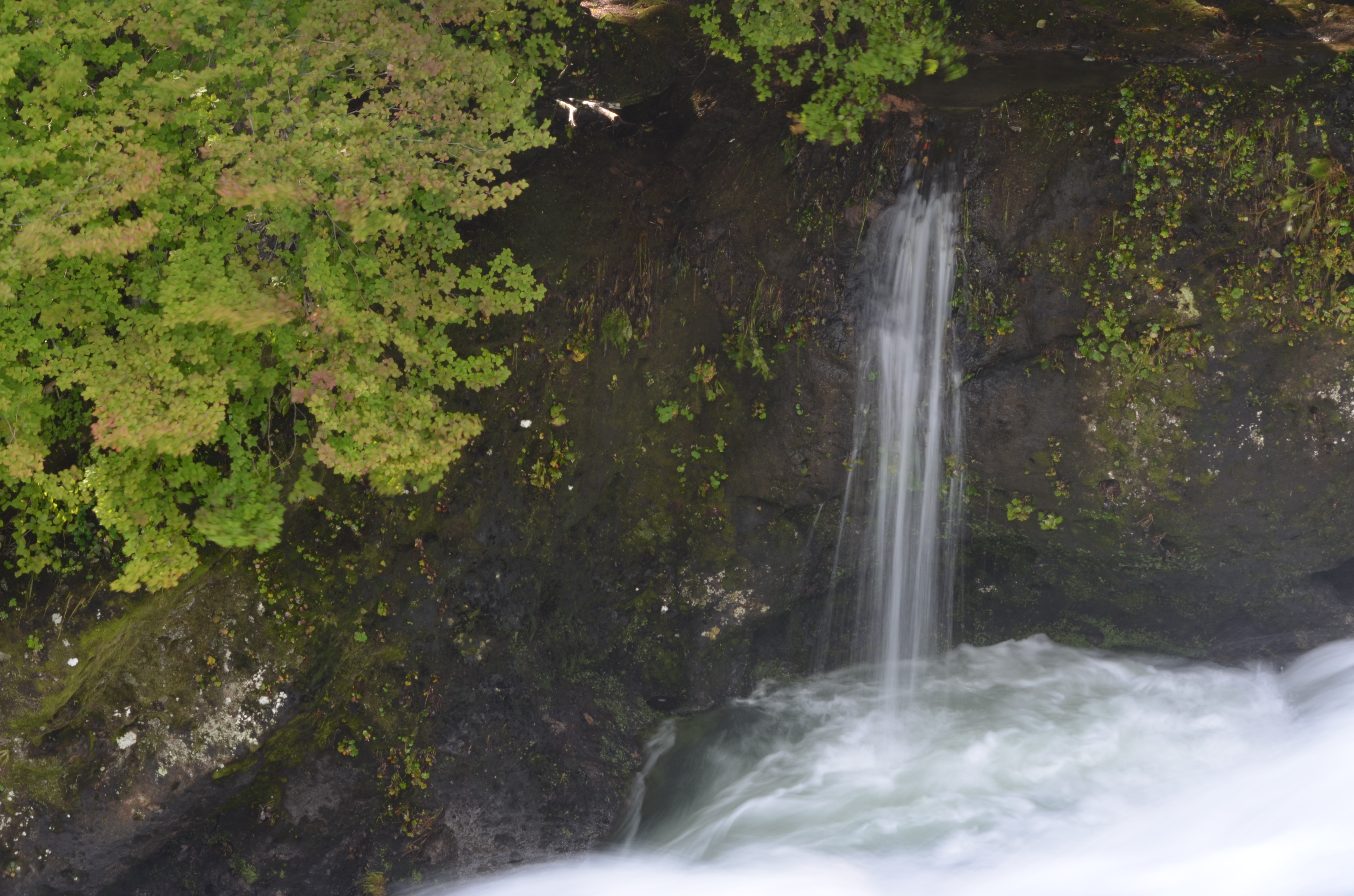 <b>日陰にある周囲が暗い岩肌の滝を撮影。露出補正なし（左）では全体的に明るく写ってしまったので、周囲の岩肌が乾いた印象に。そこで露出補正を-0.7に設定（右）して写真全体を暗く補正すると、濡れた岩肌のドッシリとした雰囲気が表現でき、締まりのある感じになった</b>