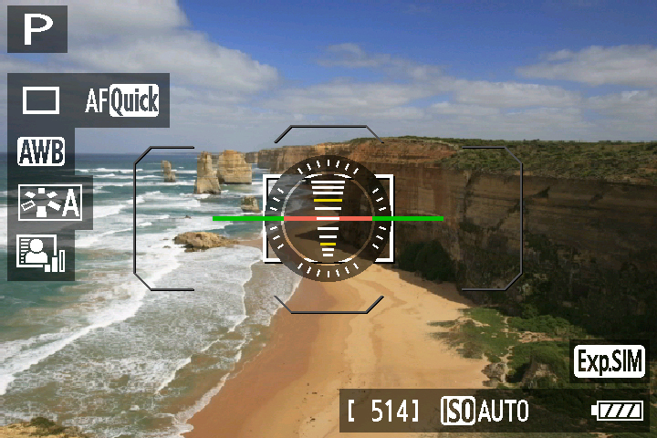 <b>ライブビュー画面に電子水準器を表示したところ</b>