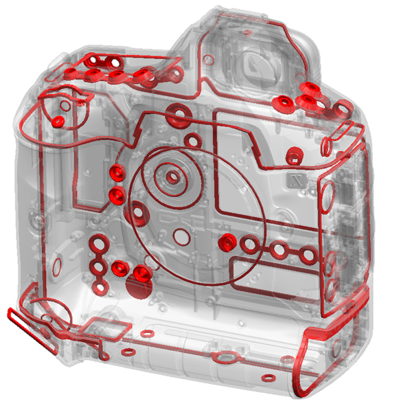 <b>防塵防滴のためのシールド（赤線）を施した</b>