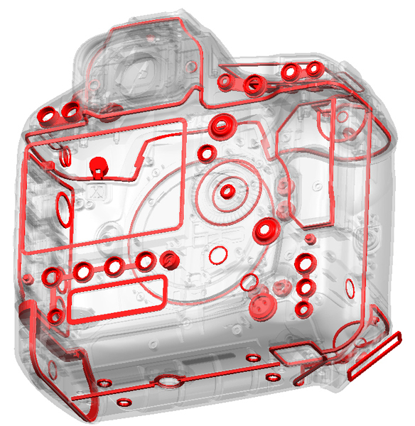 <b>防塵防滴のためのシールド（赤線）を施した</b>