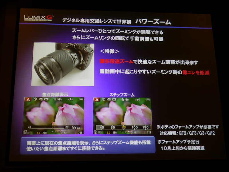 <b>電動ズーム（パワーズーム）は、新製品の一番の特徴。小型化、動画対応に加えて、ステップズームなど手動ズームでは不可能な機能も盛り込まれている</b>