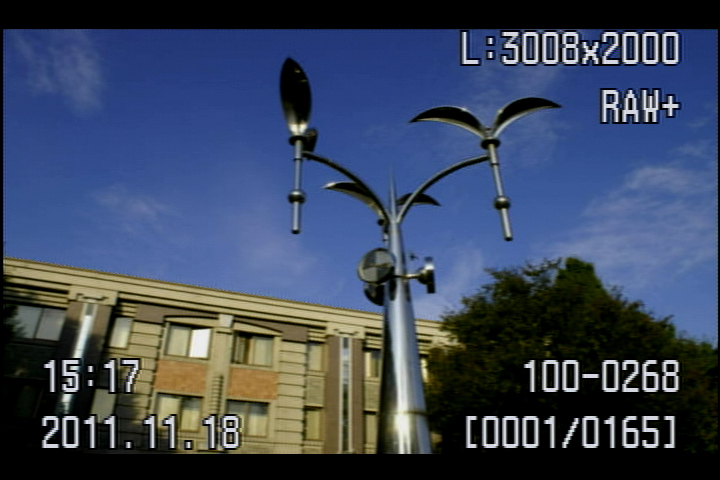 <b>再生時の情報表示の切替（通常の情報表示と、ヒストグラムを含む詳細な表示）は、表示切替ボタンを操作するのではなく、十字ボタンの上下操作でおこなう。なお、十字ボタン下は、詳細表示から通常表示に戻す場合。通常の表示で下に操作すると、縦再生（画像が回転）になってしまう</b>