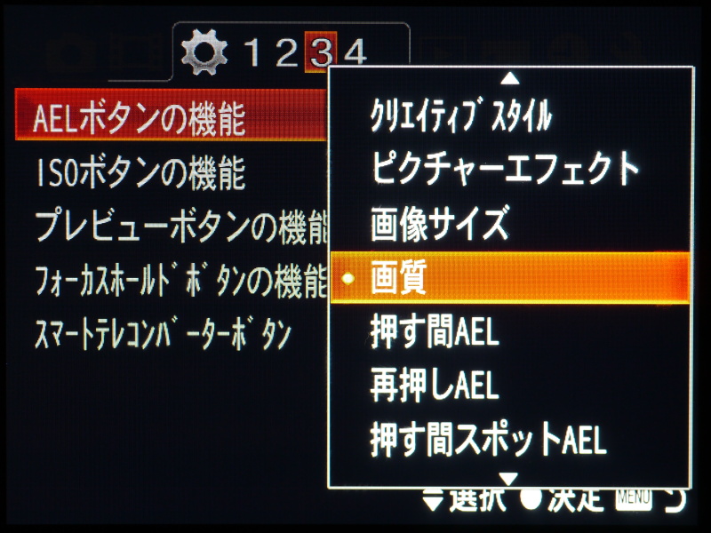 <b>AELボタンに特定の機能を割り当てることができる。ここに「画質」を割り当てておくと、JPEGのみとRAW+JPEGなどを行き来しやすい</b>